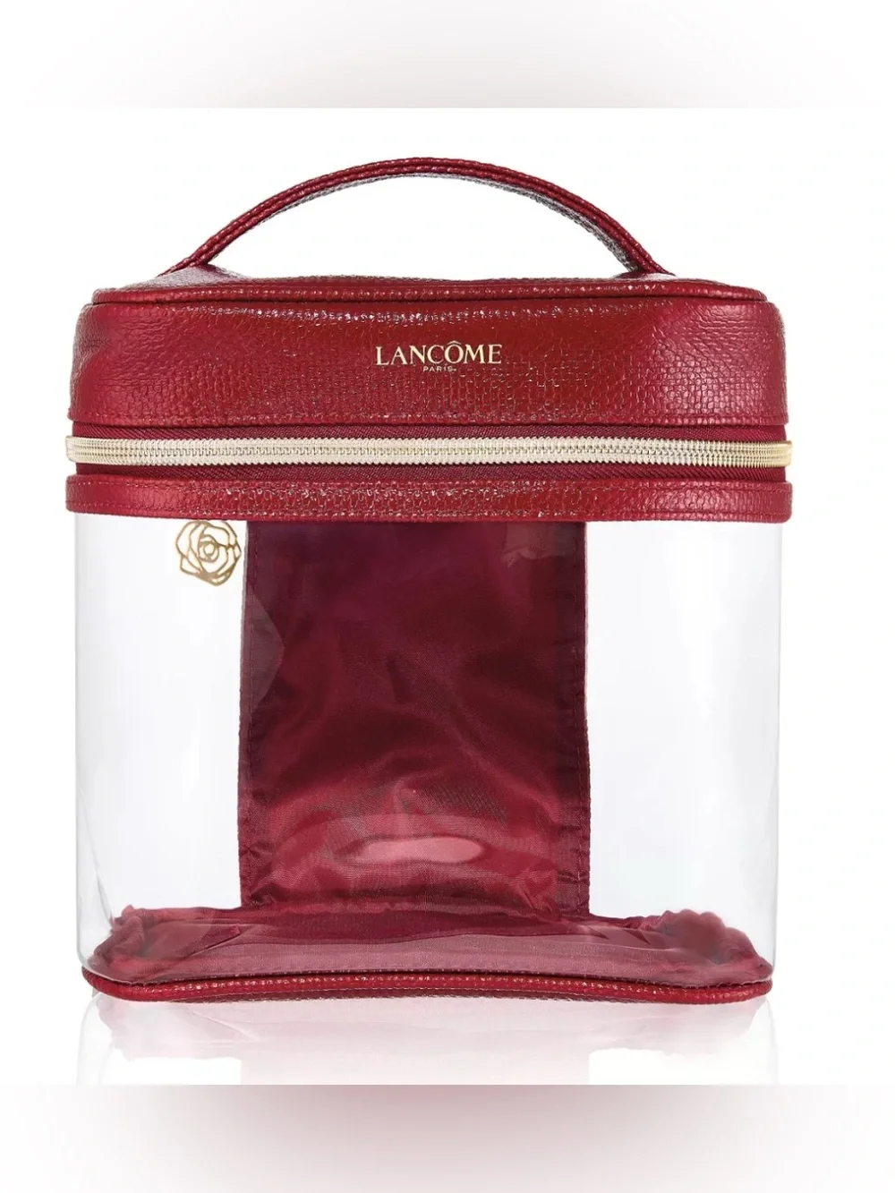 Lancome Burgundy Clear Cosmetic Train Case with Gold Trim
